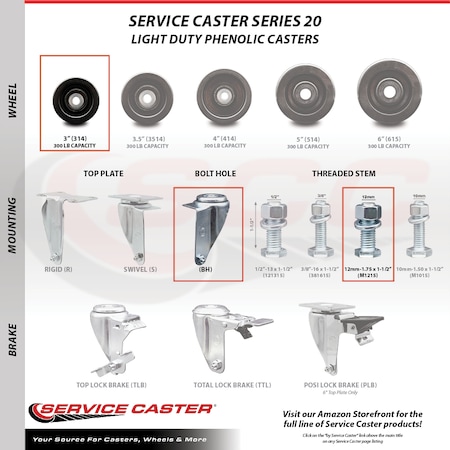 Service Caster 3 Inch Phenolic Wheel Swivel 12mm Threaded Stem Caster Set SCC-TS20S314-PHS-M1215-4